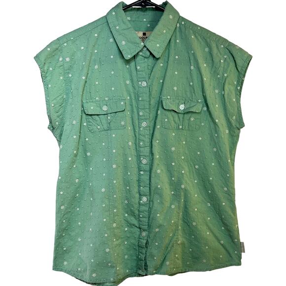 Woolrich Women's Small Blouse Button Front Short Sleeves Lt. Green Cotton Floral - Picture 1 of 4